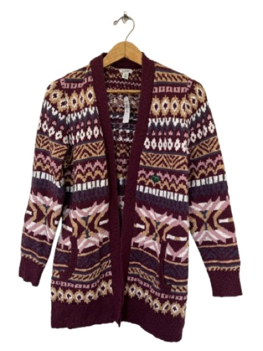 L.L. Bean | NWT Womenβs Maroon Fair Isle Open Cardigan
